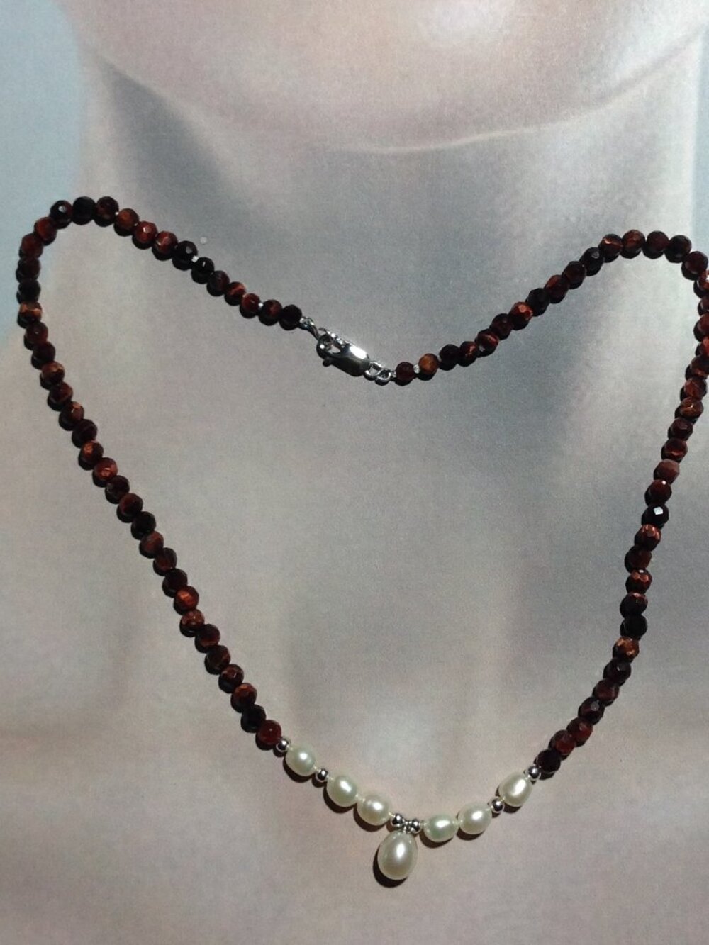 Burnt Faceted Red Tiger-Eye Beads and Freshwater Pearl Necklace.